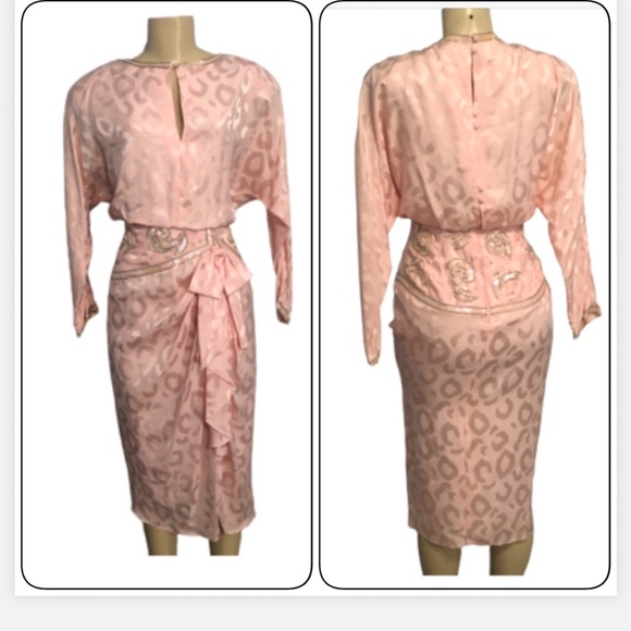 Vintage A.J. Bari Pink Midi dress Scoop neck Sequins trim long sleeves Size 12 - Picture 1 of 10